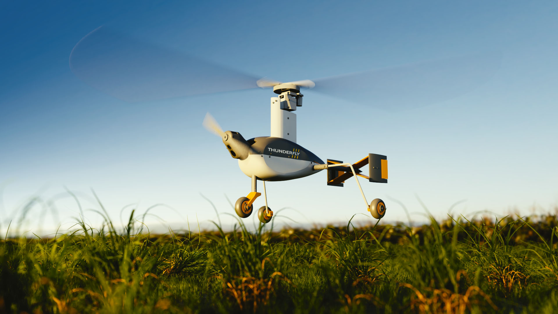 Drone autogyro grass field landing